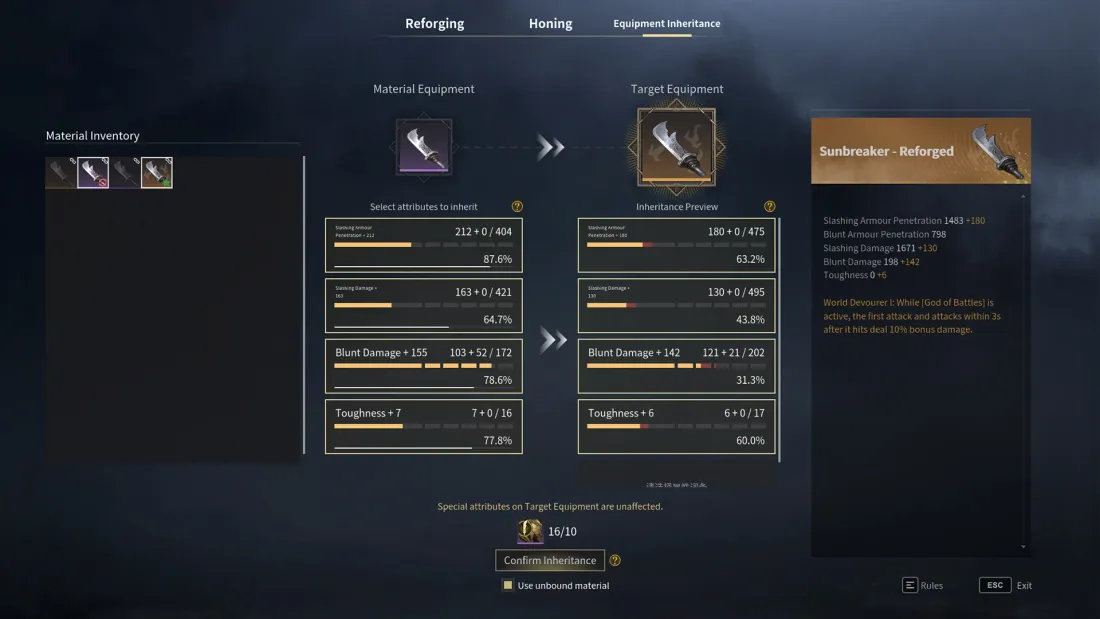 The live inheritance screen: 4 stats onto a Legendary target for 10 schematics
