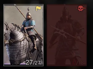 Two Three Kingdoms unit cards: a Lancer Cavalry at full strength and a Berserker unit