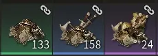 The resource drops that feed your Fame donations: 133, 158 and 24