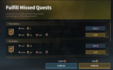 Fulfill Missed Quests. Bronze buys 60%, Sovereigns buy 100%