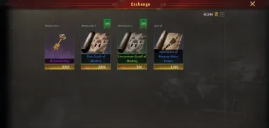 Inside the store. Every mastery scroll carries its own weekly limit