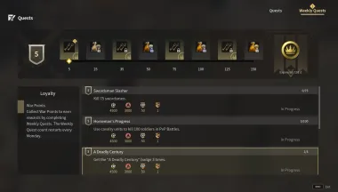 Weekly Quests. War Points to 150, eight reward nodes