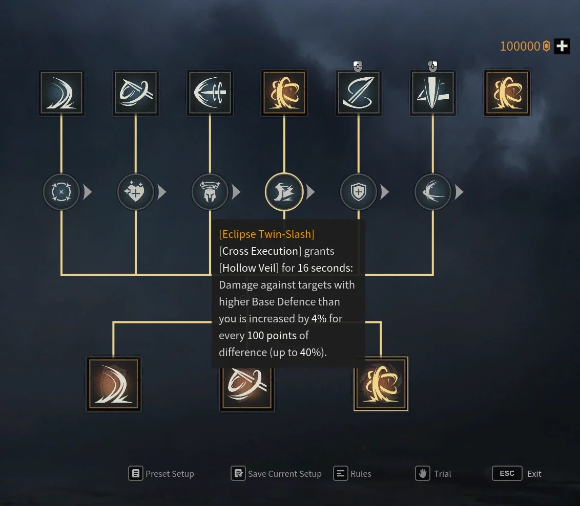 Bastard Sword Spell dmg & Riposte passives, Eclipse Twin-Slash shown