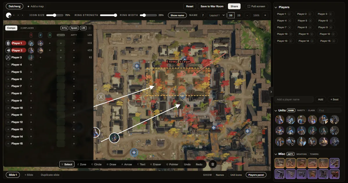 A Territory War plan: arrows and a zone on the map, the players panel and the units rail